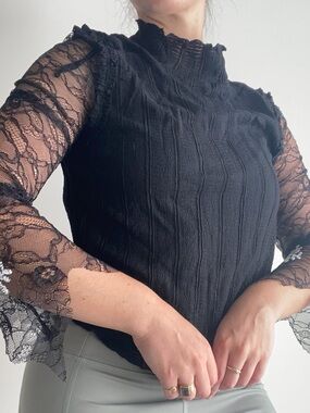 Free People Black Lace-Sleeve High Neck Top